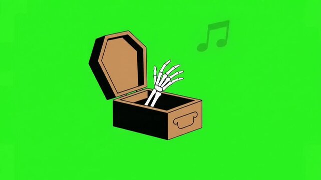 Bony Skeleton Hand Playing Musical Notes from Coffin Box, Spooky Halloween Vector Illustration