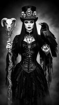bruja g&oacute;tica, hechicera, mujer misteriosa, mujer g&oacute;tica, cuervo negro, cuervo, cr&aacute;neo de carnero, calavera de carnero, bast&oacute;n ritual, sombrero de bruja, sombrero steampunk, sombrero decorado, calavera