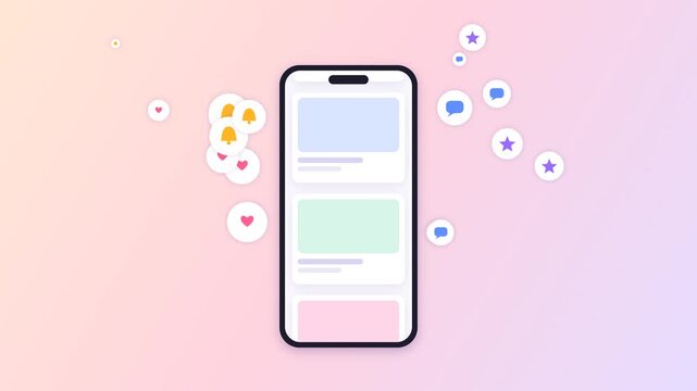 Social media notifications and likes animation on a smartphone screen