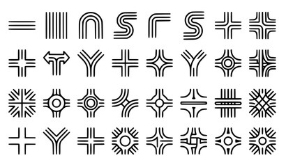 Fototapeta premium Road layout and junction icon collection with editable line stroke for maps and navigation