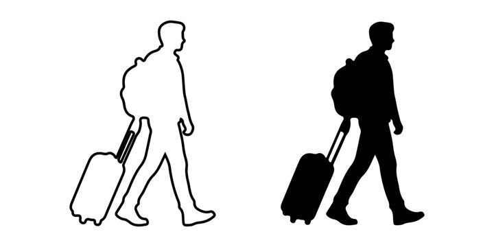 Set of airport transit passengers dragging luggage front view silhouettes. transit station, transportation concept. black shadow elevation vector illustration and line art.