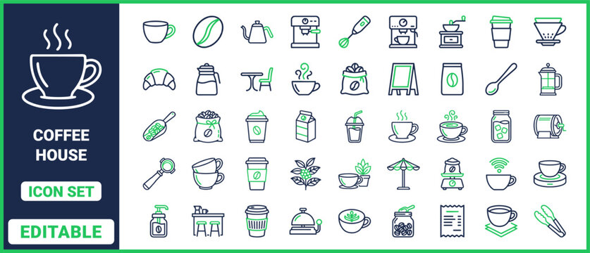Coffee house icon set with coffee cup, beans, espresso machine, grinder, kettle, croissant, takeaway cup, milk and cafe barista outline vector collection