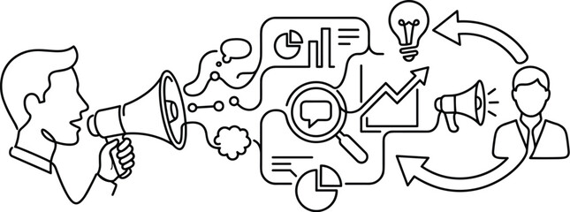 Fototapeta premium Business Communication and Strategy Flow with Megaphone and Analytics Icons