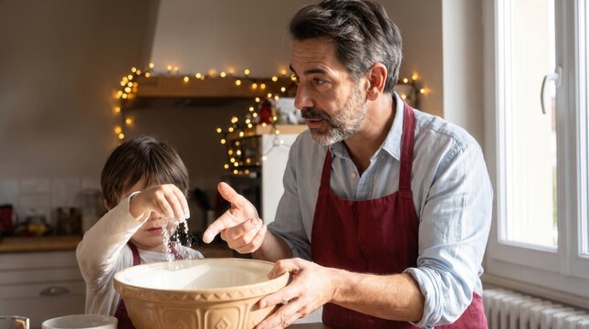 Father and son preparing ingredients for baking in a cozy kitchen