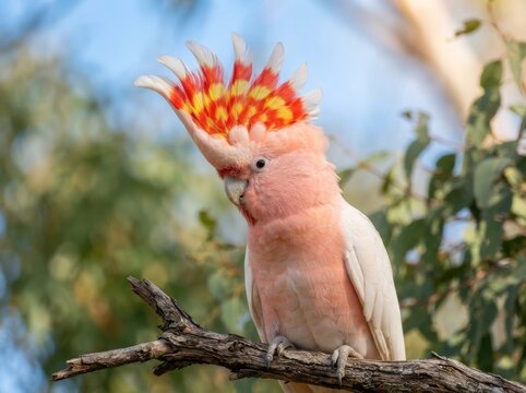 A beautiful major mitchells cockatoo perched on a tree branch with its vibrant red and yellow crest feathers fully extended in the wild