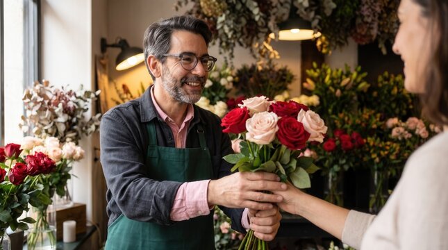 Florist providing a beautiful bouquet of roses to a smiling customer in a flower shop