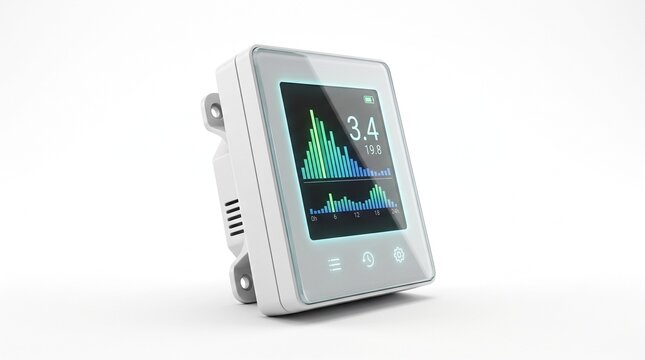Modern smart home thermostat with digital display, electronic energy meter panel showing electricity graph, white smart controller isolated on white
