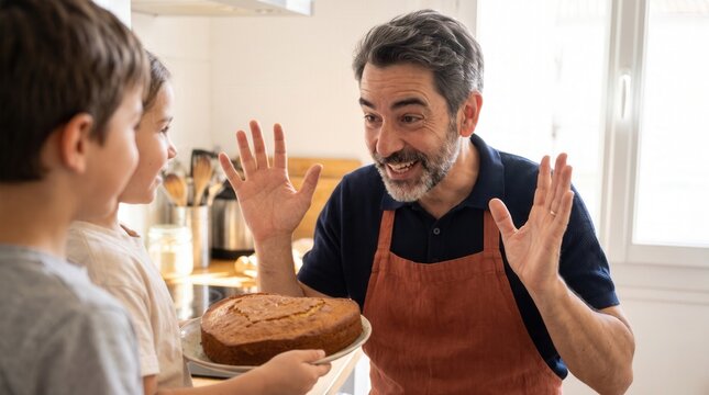 Children presenting a homemade cake to their surprised and happy father in the kitchen