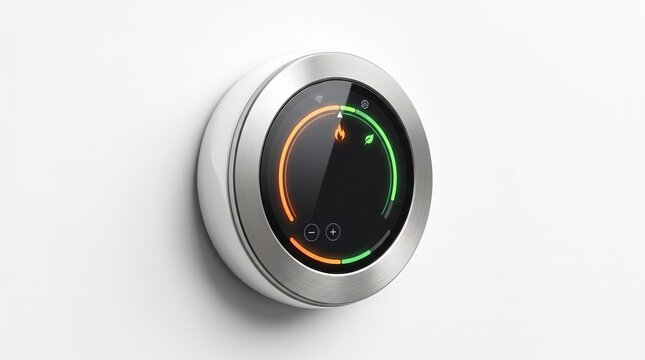 Modern smart home thermostat device, sleek round digital climate control dial, electronic heating interface for energy management