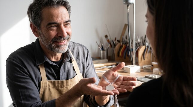 Artisan jeweler showing a new handmade silver pendant to a happy client in his workshop