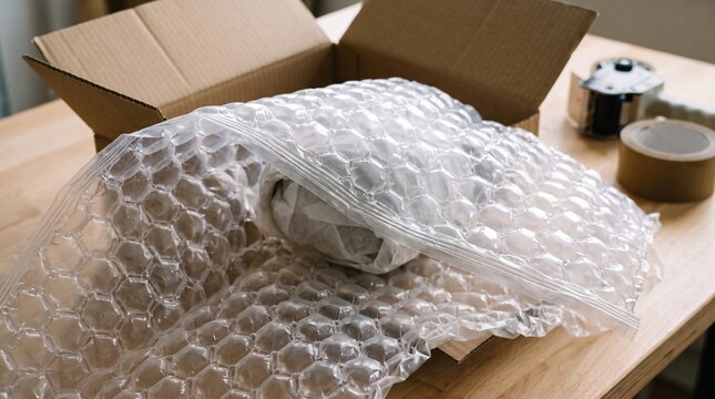 A fragile item wrapped in protective bubble wrap being prepared for shipping inside a cardboard box