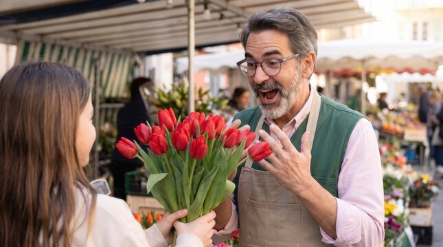 Girl giving a bouquet of red tulips to a surprised man at an outdoor market