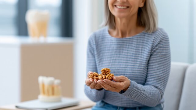 Smiling woman holding walnuts in hands