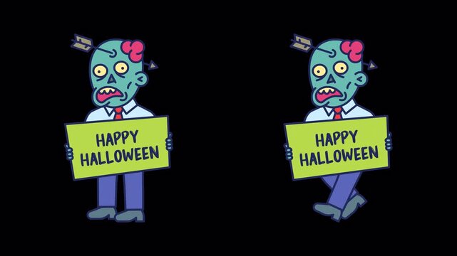 Businessman zombie holding sign that says Happy Halloween and walks. Transparent background
