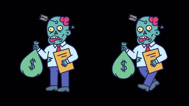 Businessman zombie holding bag of money folder and walks. Transparent background