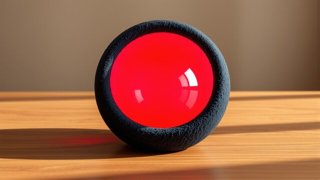 Round device rests upon wooden surface. Red glow emanates from central opening, creating dramatic lighting effect. Minimalist design.