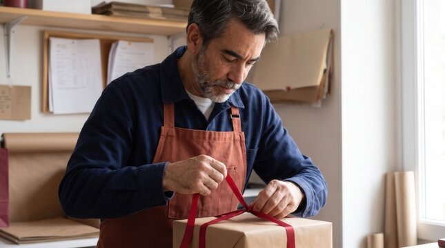 Artisan wrapping a present with care in a small business workshop