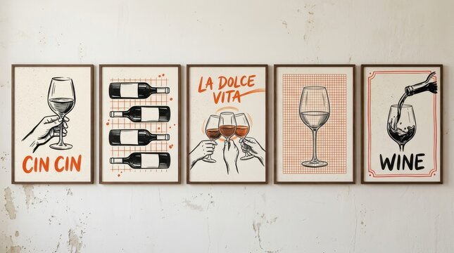 Collection of Five Framed Wine Illustrations on a Textured White Wall, Retro Style Posters for Kitchen or Bar Decor