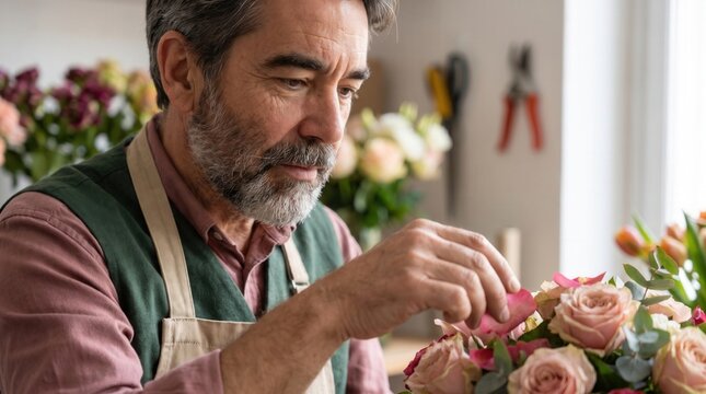 Mature bearded man in apron carefully creating a fresh flower arrangement