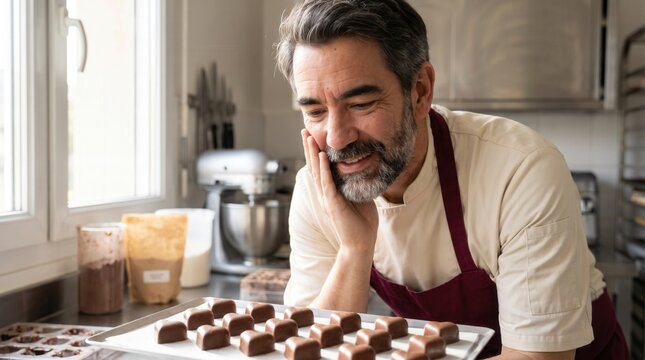 Happy chocolatier admiring a tray of freshly made chocolate pralines in a commercial kitchen