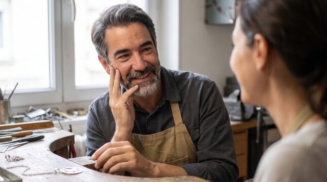 Craftsman jeweler smiling, listening, and discussing with a young apprentice in his workshop