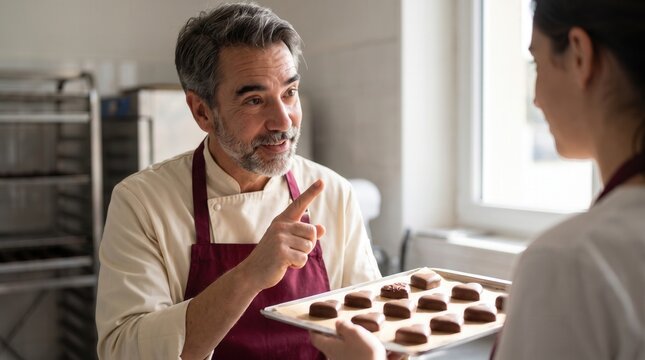 Experienced chocolatier teaching young apprentice about confectionery in a professional kitchen
