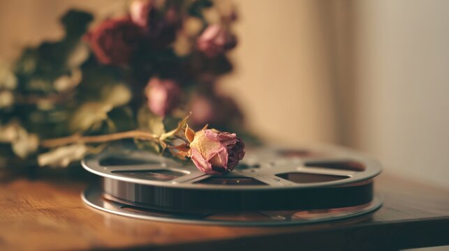 vintage film reel with dried roses on wooden table