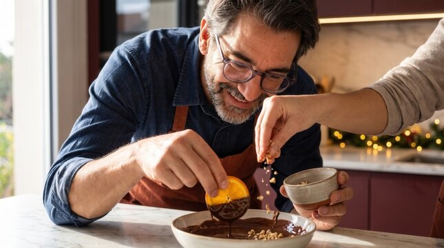 Man smiling while dipping an orange slice in melted chocolate, adding nuts