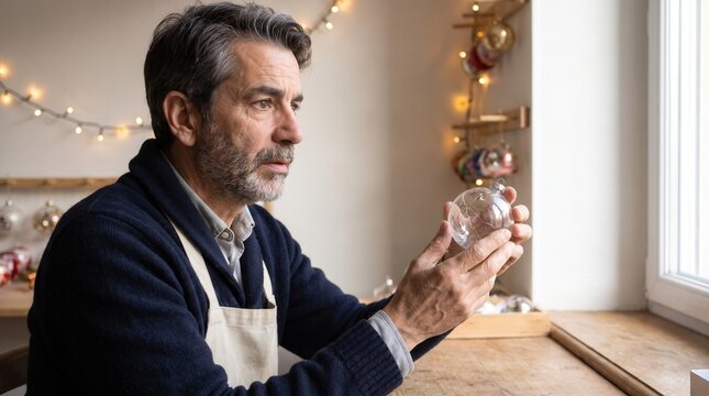 Mature man holding a clear christmas ornament, reflecting on memories
