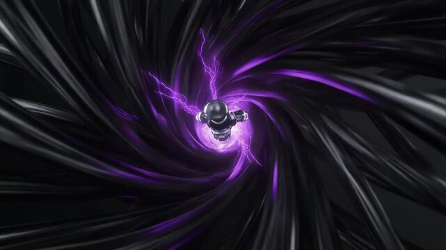 Futuristic Antenna Node in Black Cable Vortex with Lightning Electrical Discharge
