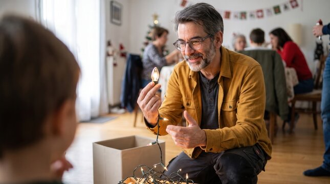 Father and child bonding over christmas lights at a family gathering