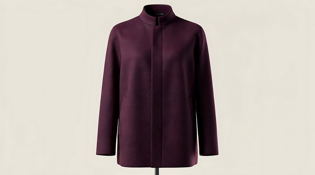 Elegant Dark Purple Minimalist Wool Coat with Stand Collar and Hidden Placket, Premium Luxury Fashion Designer Outerwear for Winter and Autumn, Stylish Tailored Apparel on Neutral Background