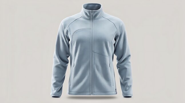 Light Blue Fleece Zip-Up Jacket for Women or Men, Sporty Outdoor Apparel with High Collar and Side Pockets, Warm Softshell Mid-Layer Clothing Isolated on Plain Background for Fashion Catalog