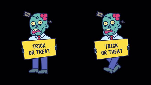 Businessman zombie holding sign that says trick or treat and walks. Transparent background