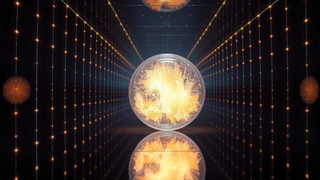 Abstract digital tunnel. Glowing sphere reflects below, surrounded by lines, dots. Futuristic, vibrant, symmetrical composition.