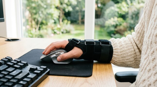 Person wearing a wrist brace while using a computer mouse