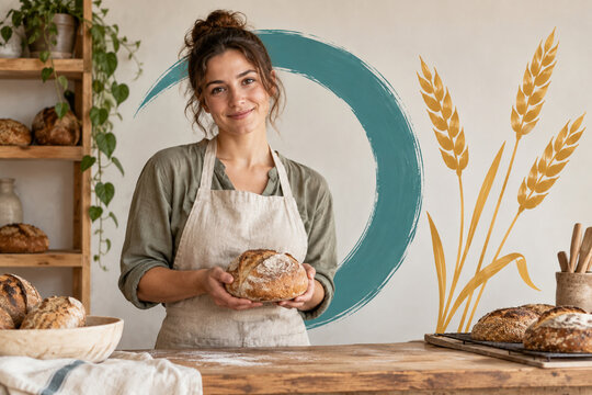 Woman baker with illustrated wheat for artisan food business