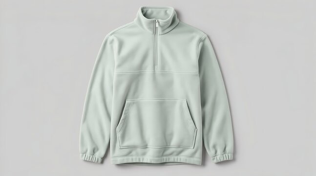 Comfortable Light Sage Green Fleece Half-Zip Pullover Sweatshirt with Kangaroo Pocket, Casual Long Sleeve Mock Neck Jacket for Winter and Autumn Fashion, Isolated on Grey Background
