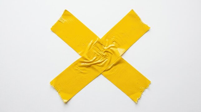 Yellow Duct Tape Cross Shape Isolated on White Background - Symbol of Repair, Warning, or Error