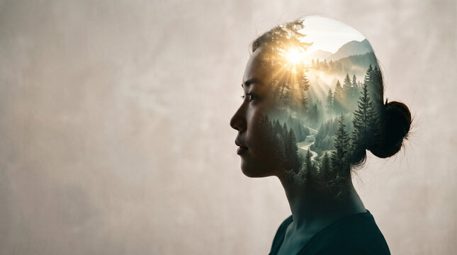 Young Asian woman&rsquo;s silhouette combined with a peaceful forest landscape illuminated by sunlight inside her head, double exposure portrait representing mindfulness, psychological wellbeing, personal g