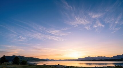 Fototapeta premium Stunning Sunset Over a Peaceful Lake with Mountain Silhouettes and Wispy Cirrus Clouds in a Colorful Sky
