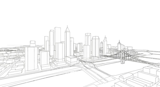 Expansive city skyline presents a detailed wireframe rendering of numerous high-rise buildings and a prominent bridge, illustrating a large metropolitan area.