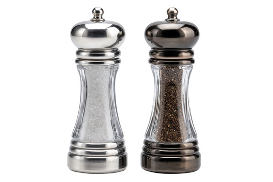 Classic salt and pepper grinders with glass bodies isolated on transparent background