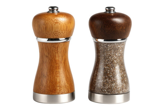 Wooden salt and pepper grinders with clear glass bodies isolated on transparent background