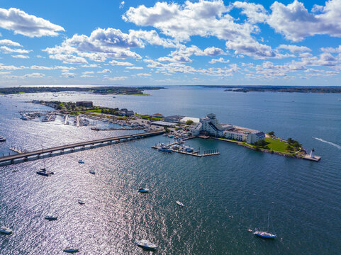 Goat Island aerial view including Goat Island Marina and Goat Island Lighthouse in Narragansett Bay, Newport, Rhode Island RI, USA. 