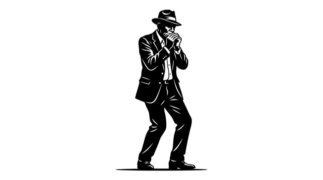 Vector Illustration of a Man in a Suit and Fedora Hat Playing Harmonica, Black and White Blues Musician Silhouette