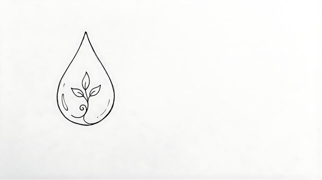 water conservation illustration, elegant hand-drawn black ink water droplet with a tiny sprouting leaf near the bottom, lots of clean white negative space above, organic imperfect doodle linework