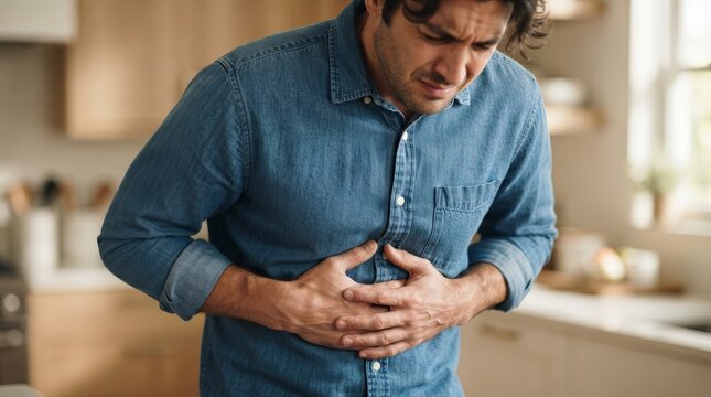 A man experiencing stomach ache and clutching his painful abdomen area.
