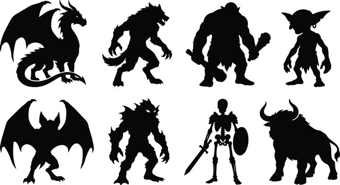 Fantasy Monster Silhouette Vector Collection Set Featuring Dragon, Werewolf, Ogres, Goblin, Bat Monster, Swamp Creature, Skeleton Warrior, and Minotaur