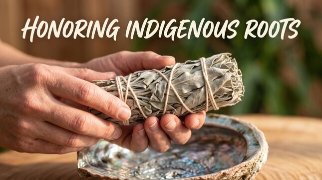 Hands holding a dried white sage smudge bundle over an iridescent abalone shell with the text honoring indigenous roots overlayed on a blurred background